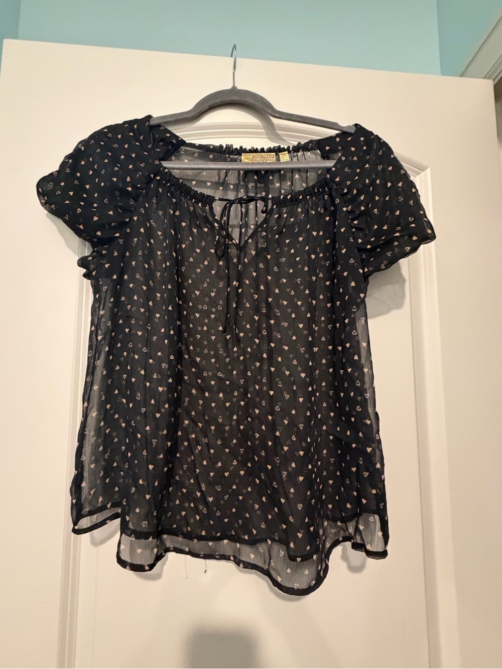 Vera Wang Black Sheer Peasant Blouse with Tiny Pink Hearts